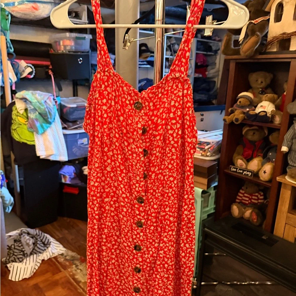 Red Floral Button-Down Dress size L - Picture 5 of 8